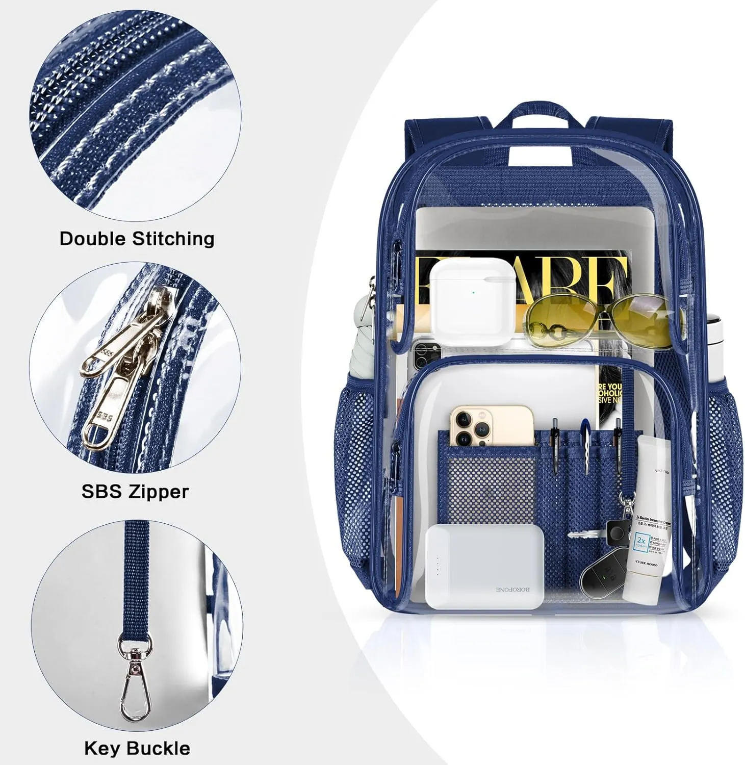 PAMANO Clear Backpack Heavy Duty Transparent See Through Bag for College Work Travel Security,Navy