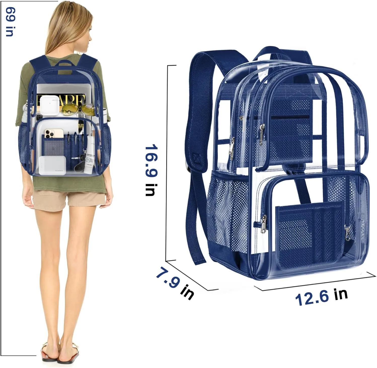 PAMANO Clear Backpack Heavy Duty Transparent See Through Bag for College Work Travel Security,Navy