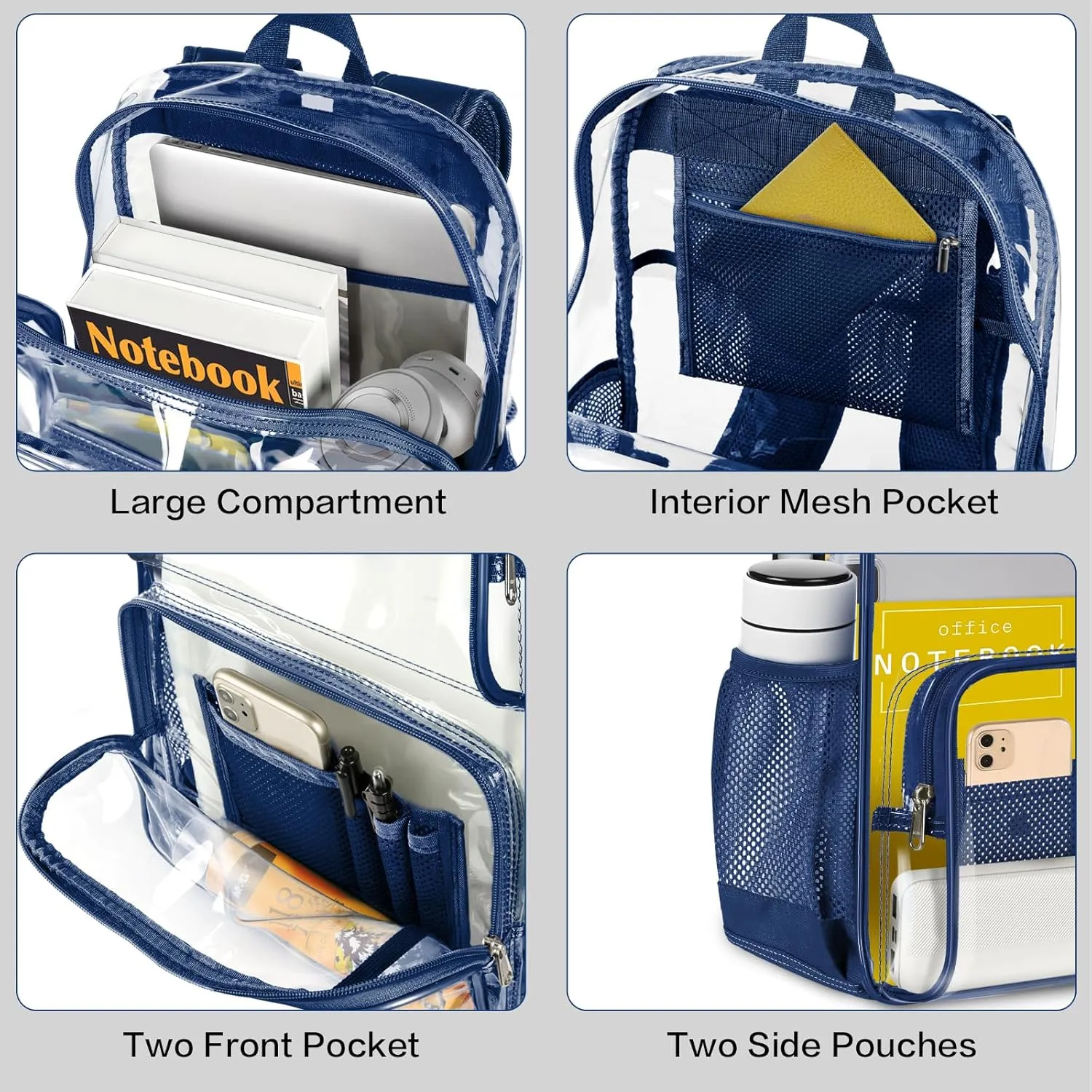 PAMANO Clear Backpack Heavy Duty Transparent See Through Bag for College Work Travel Security,Navy