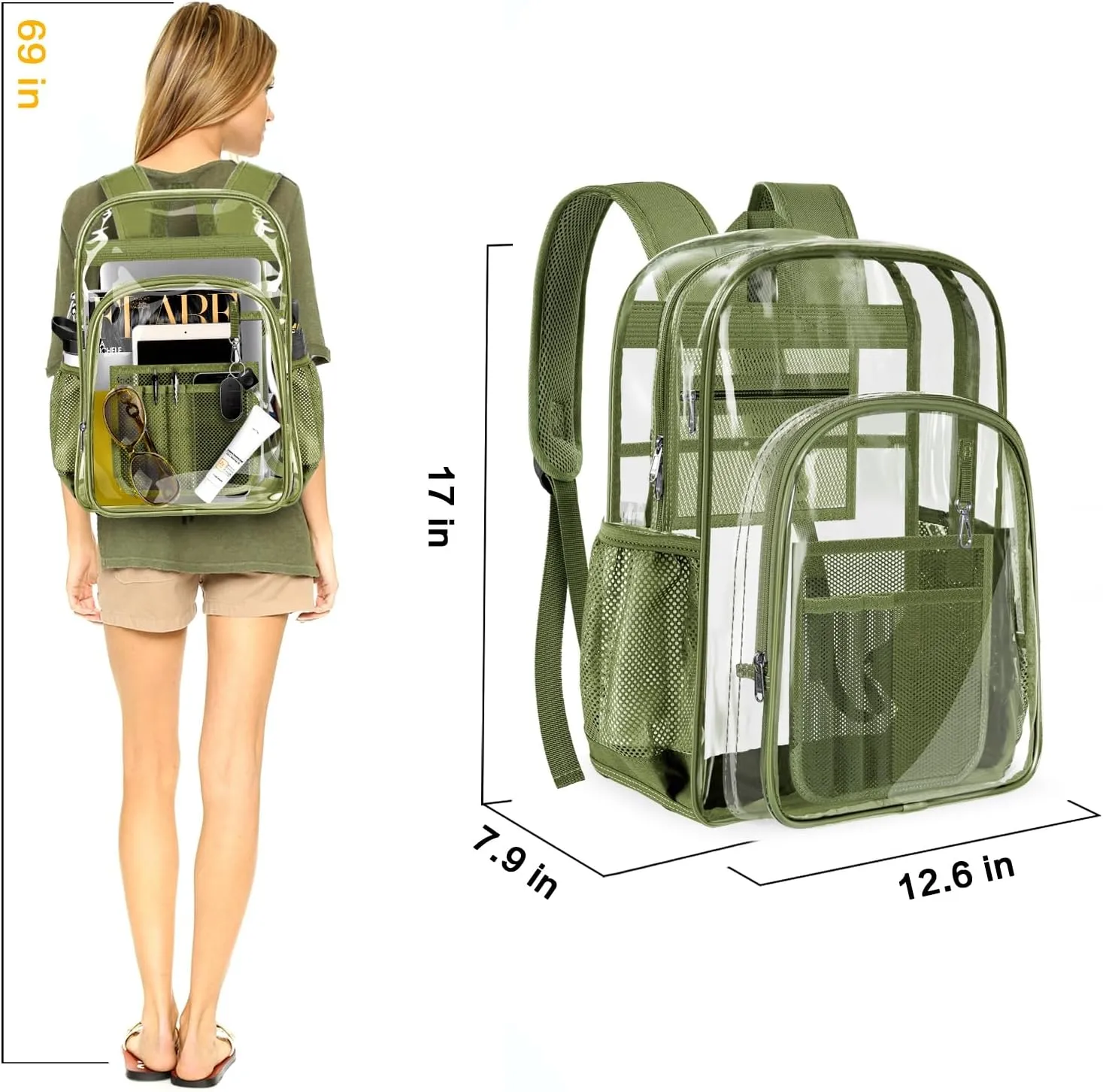 PAMANO Clear Backpack Transparent Heavy Duty Bookbag See Through Bag for College Work Travel Security, Green