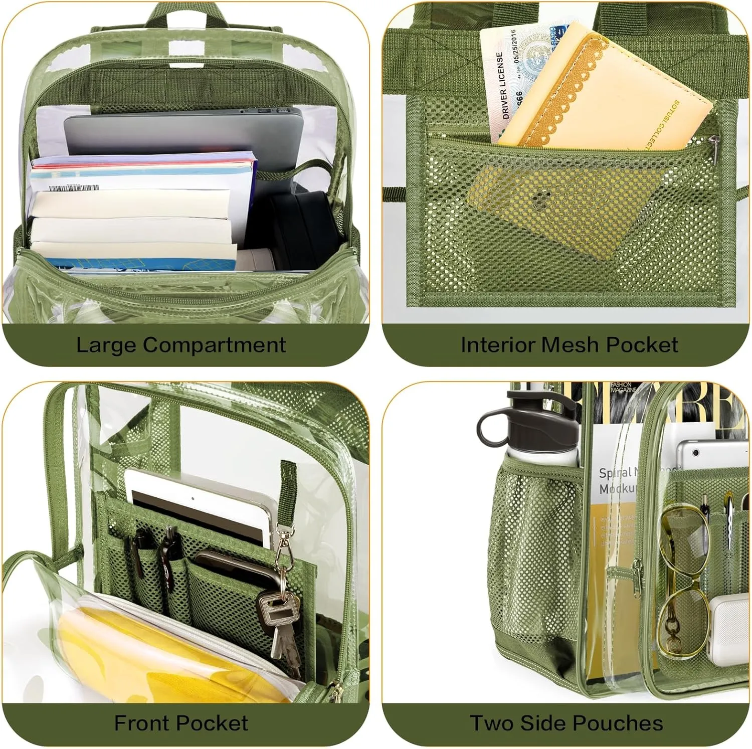 PAMANO Clear Backpack Transparent Heavy Duty Bookbag See Through Bag for College Work Travel Security, Green