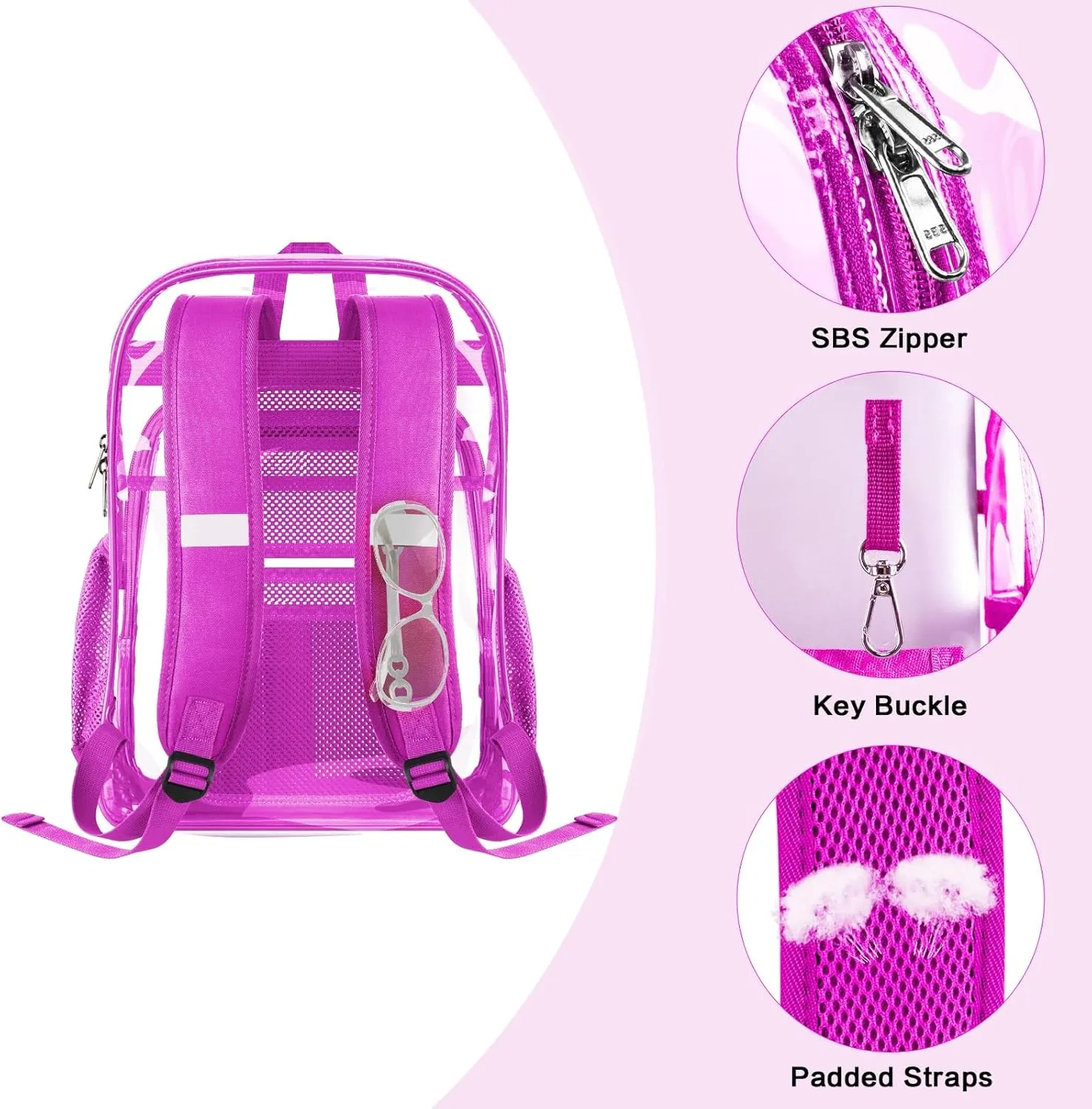 PAMANO Clear Backpack Transparent Heavy Duty See Through Bag for College Work Stadium Concert Travel Security, Pink
