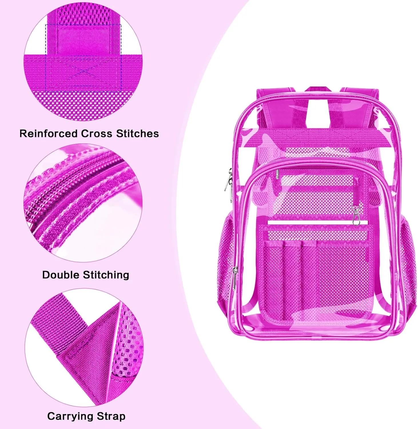 PAMANO Clear Backpack Transparent Heavy Duty See Through Bag for College Work Stadium Concert Travel Security, Pink