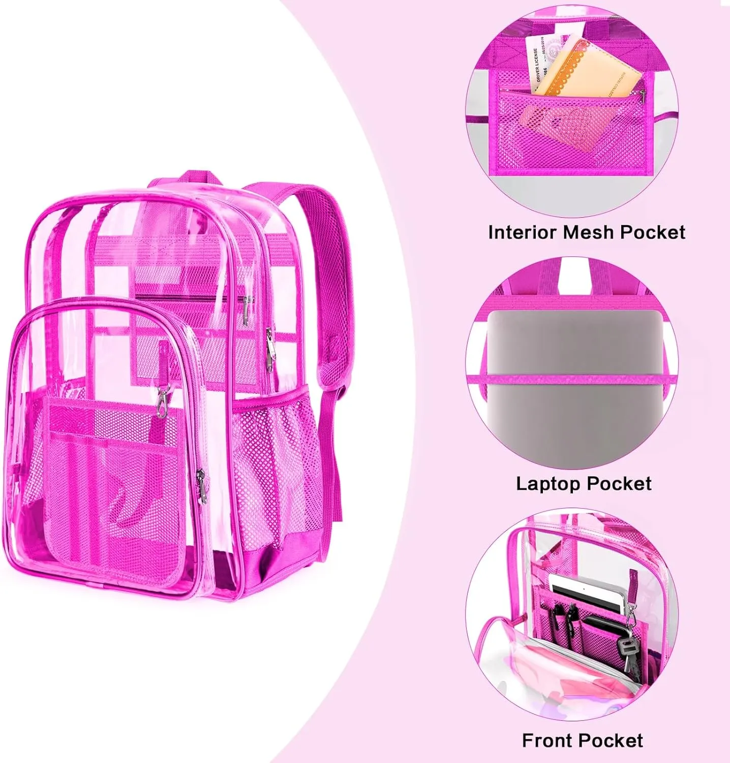 PAMANO Clear Backpack Transparent Heavy Duty See Through Bag for College Work Stadium Concert Travel Security, Pink