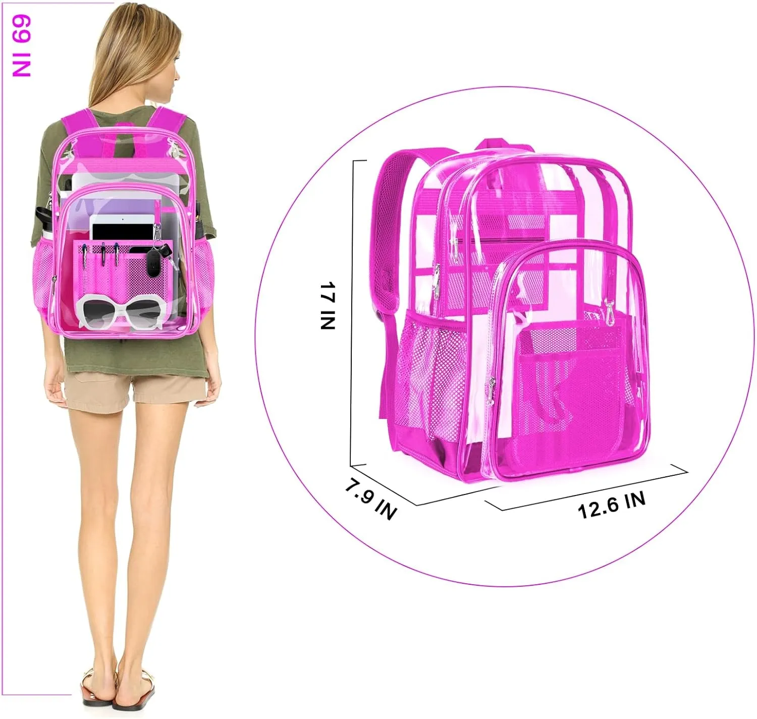 PAMANO Clear Backpack Transparent Heavy Duty See Through Bag for College Work Stadium Concert Travel Security, Pink