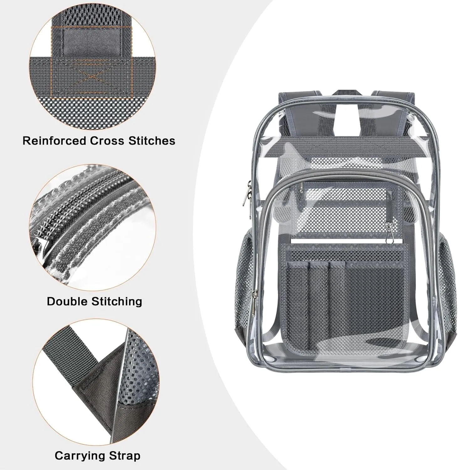 PAMANO Clear Backpack Transparent Heavy Duty See Through Bag for College Work Travel Security, Gray