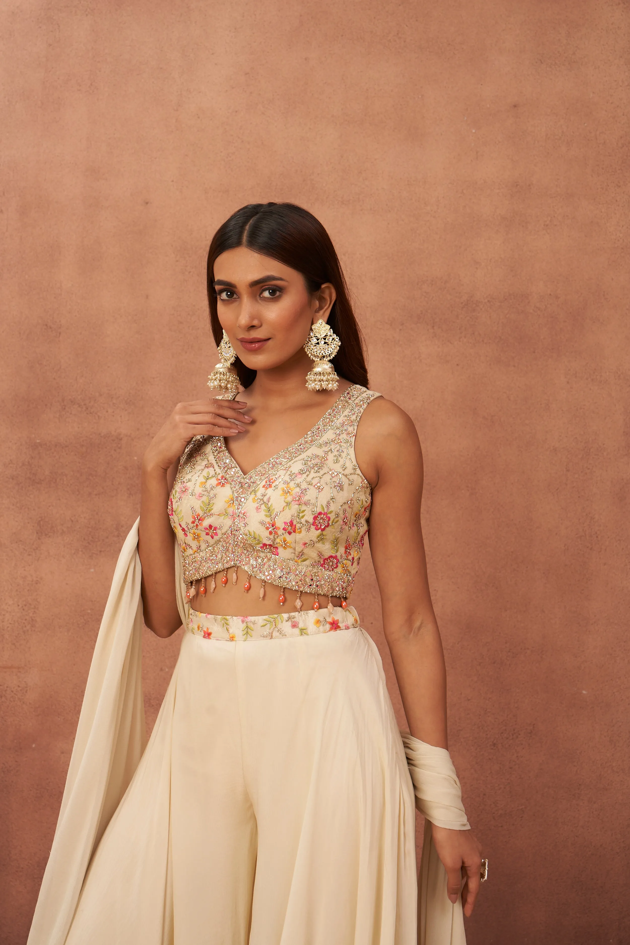 Pastel Cream Floral Embroidered Georgette Silk Palazzo Set