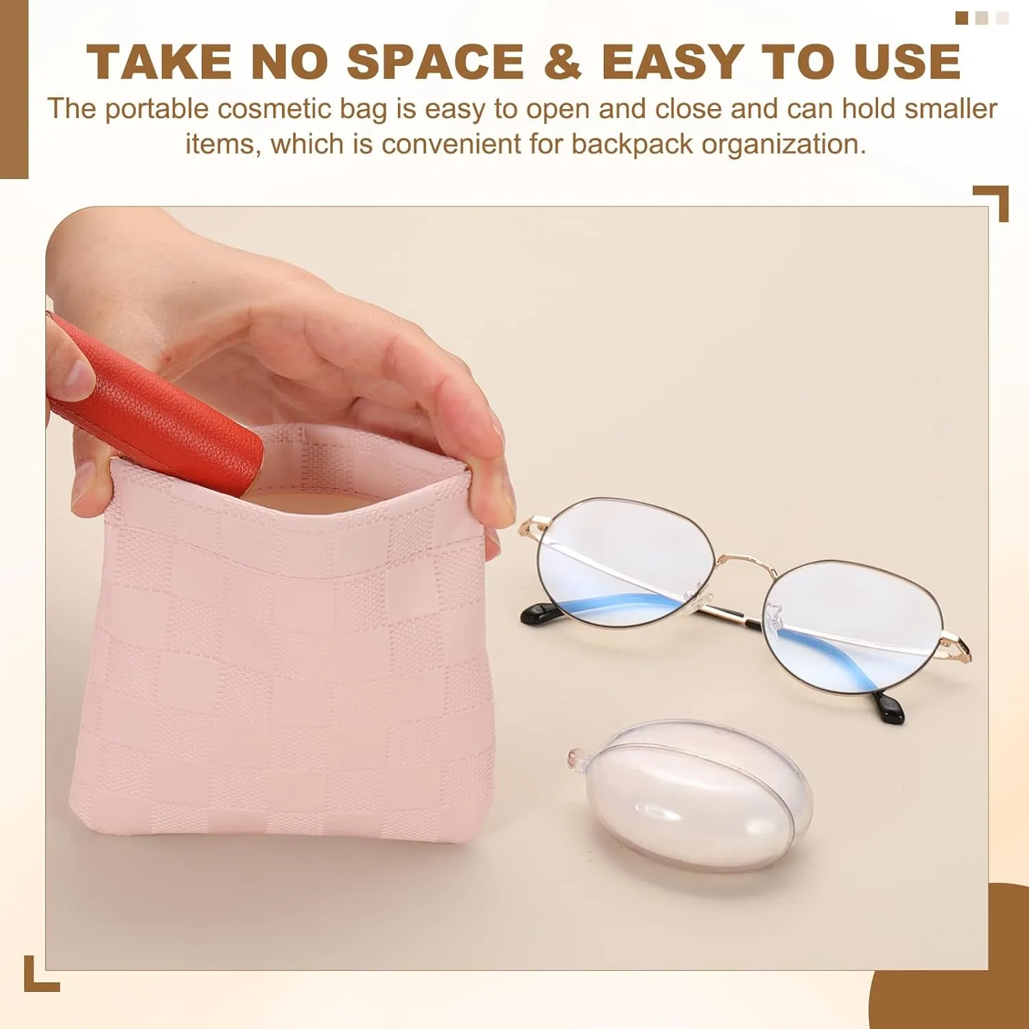 PATIKIL Small Snap Closure Pouches for Purse, 4.5"x4.7" Mini Waterproof Leather Checkered Makeup Bag Portable No Zipper Self-Closing Travel Pocket Organizer Pouch Cosmetic Bag, Beige