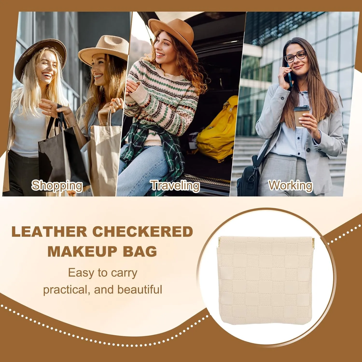 PATIKIL Small Snap Closure Pouches for Purse, 5.5"x7.1" Mini Waterproof Leather Checkered Makeup Bag Portable No Zipper Self-Closing Travel Pocket Organizer Pouch Cosmetic Bag, Black