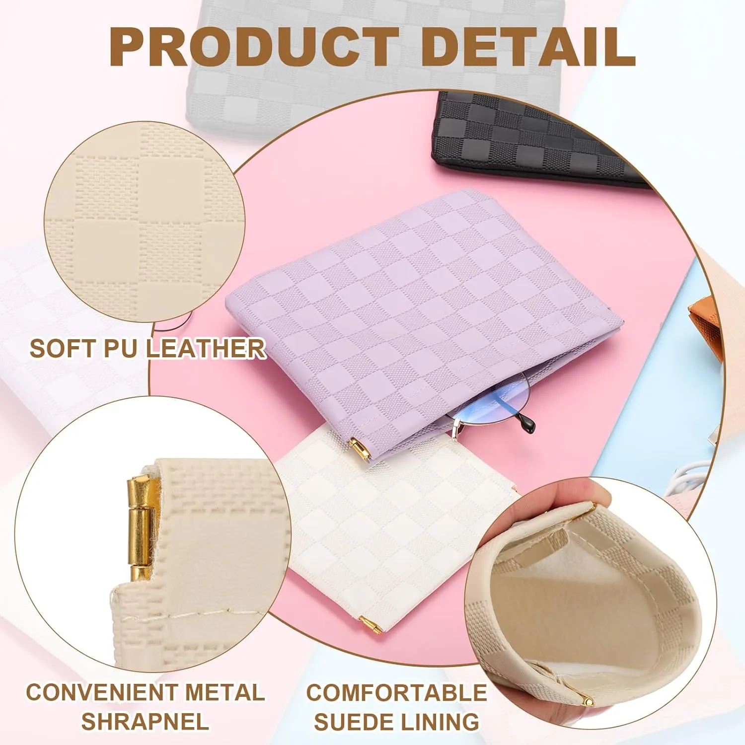 PATIKIL Small Snap Closure Pouches for Purse, 5.5"x7.1" Mini Waterproof Leather Checkered Makeup Bag Portable No Zipper Self-Closing Travel Pocket Organizer Pouch Cosmetic Bag, Pink