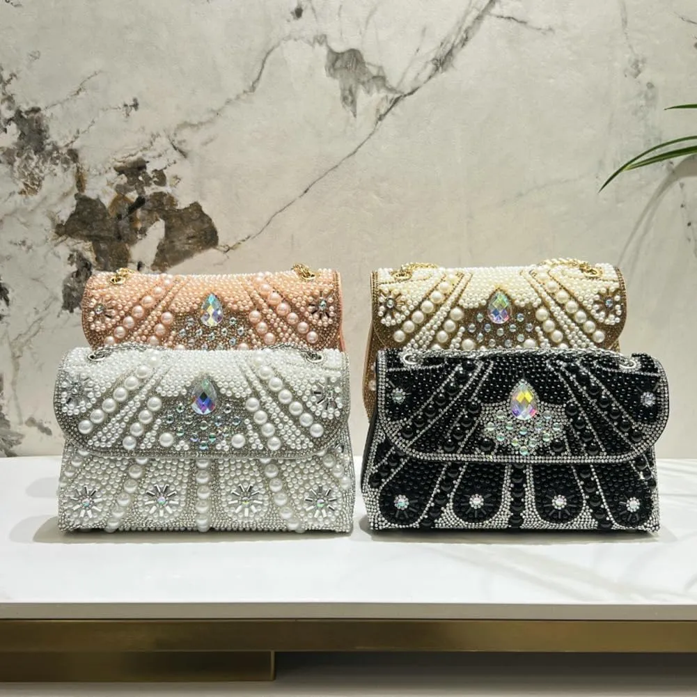 Pearl Clutch Bag Women 2025 Trendy Noble Crystal Rhinestone Purses Evening Bags Chain Handbags Wedding Party Prom
