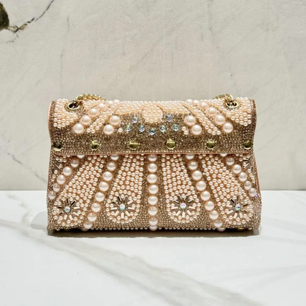Pearl Clutch Bag Women 2025 Trendy Noble Crystal Rhinestone Purses Evening Bags Chain Handbags Wedding Party Prom