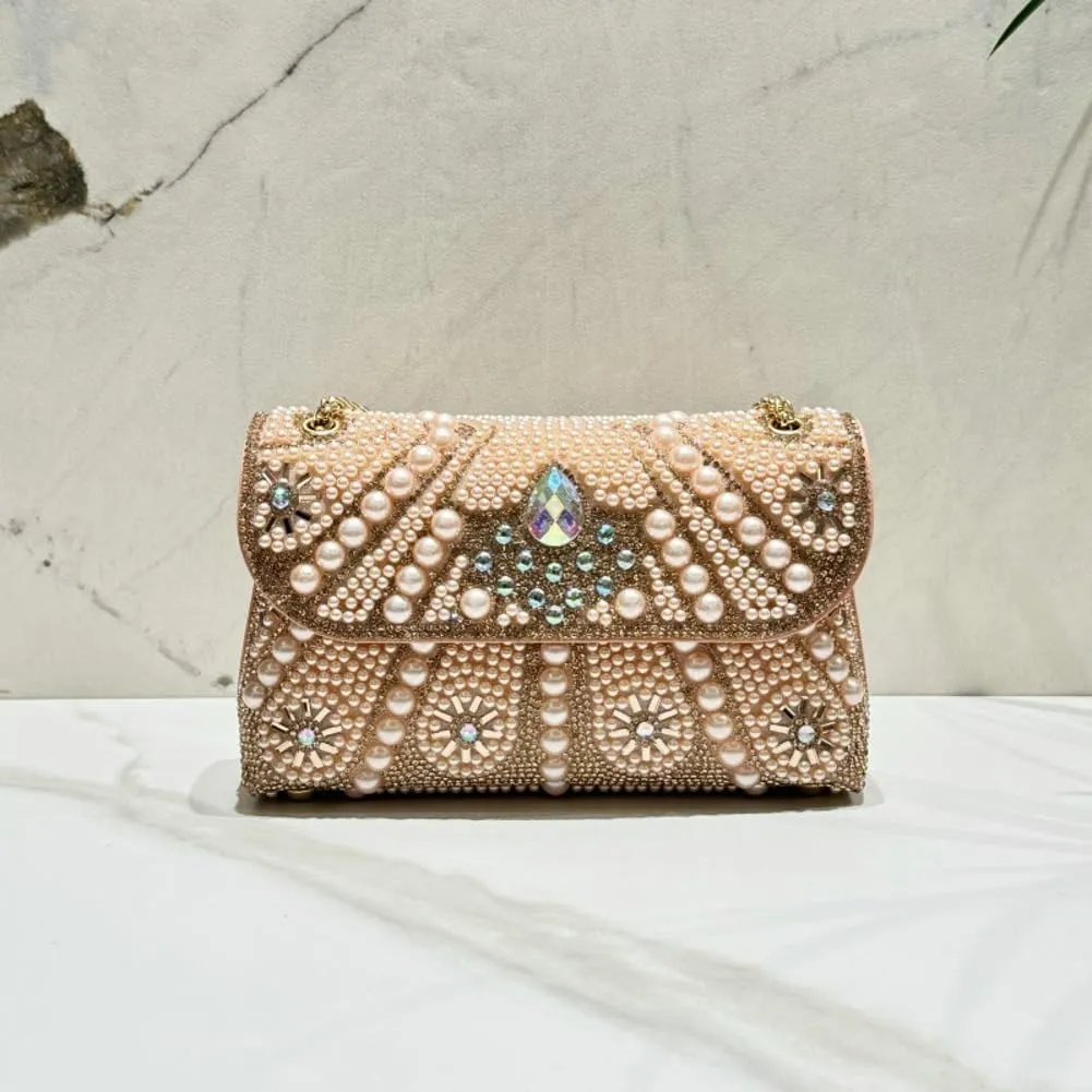 Pearl Clutch Bag Women 2025 Trendy Noble Crystal Rhinestone Purses Evening Bags Chain Handbags Wedding Party Prom
