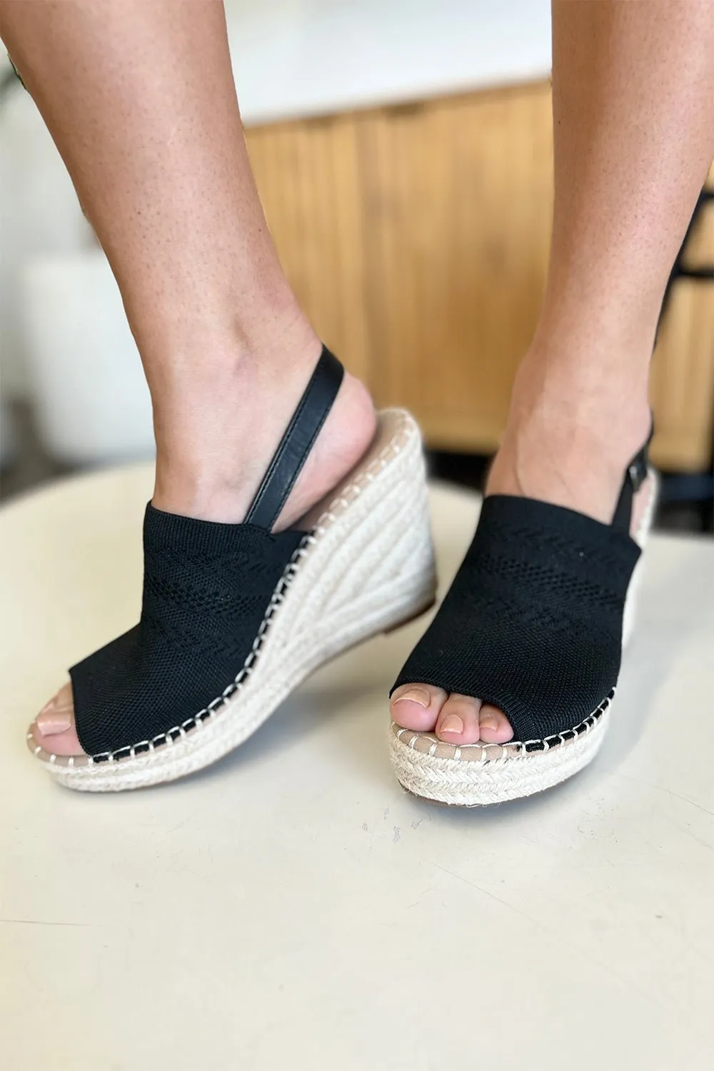 Peep Toe Espadrille Platform Wedge Sandals in Black