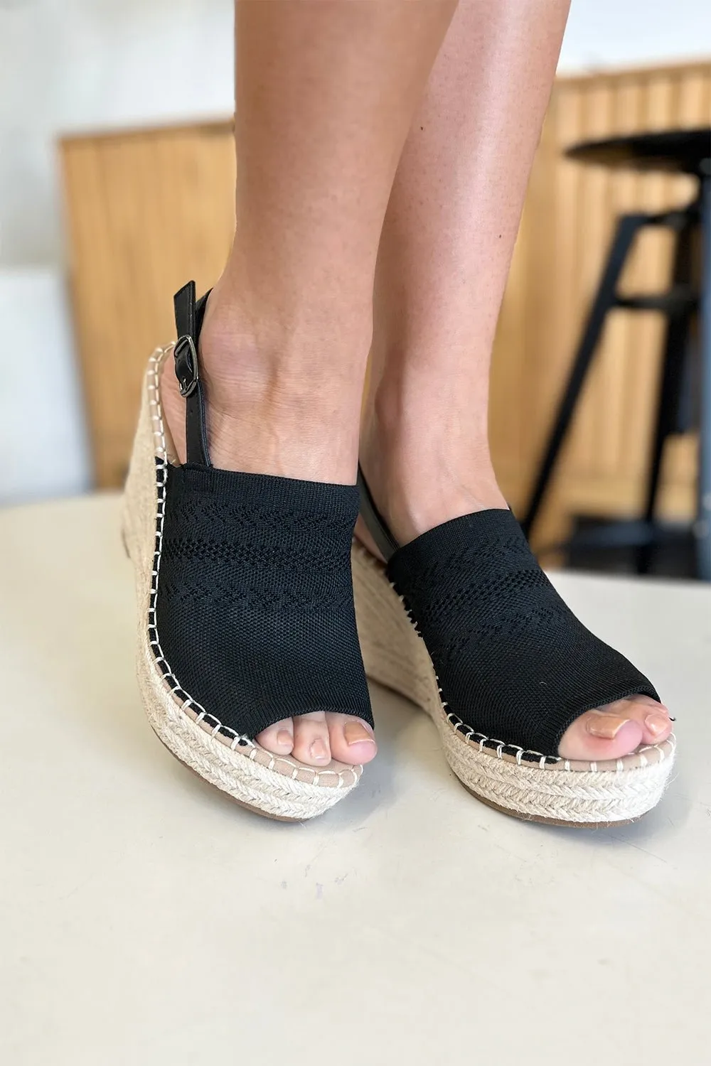 Peep Toe Espadrille Platform Wedge Sandals in Black