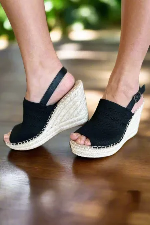 Peep Toe Espadrille Platform Wedge Sandals in Black