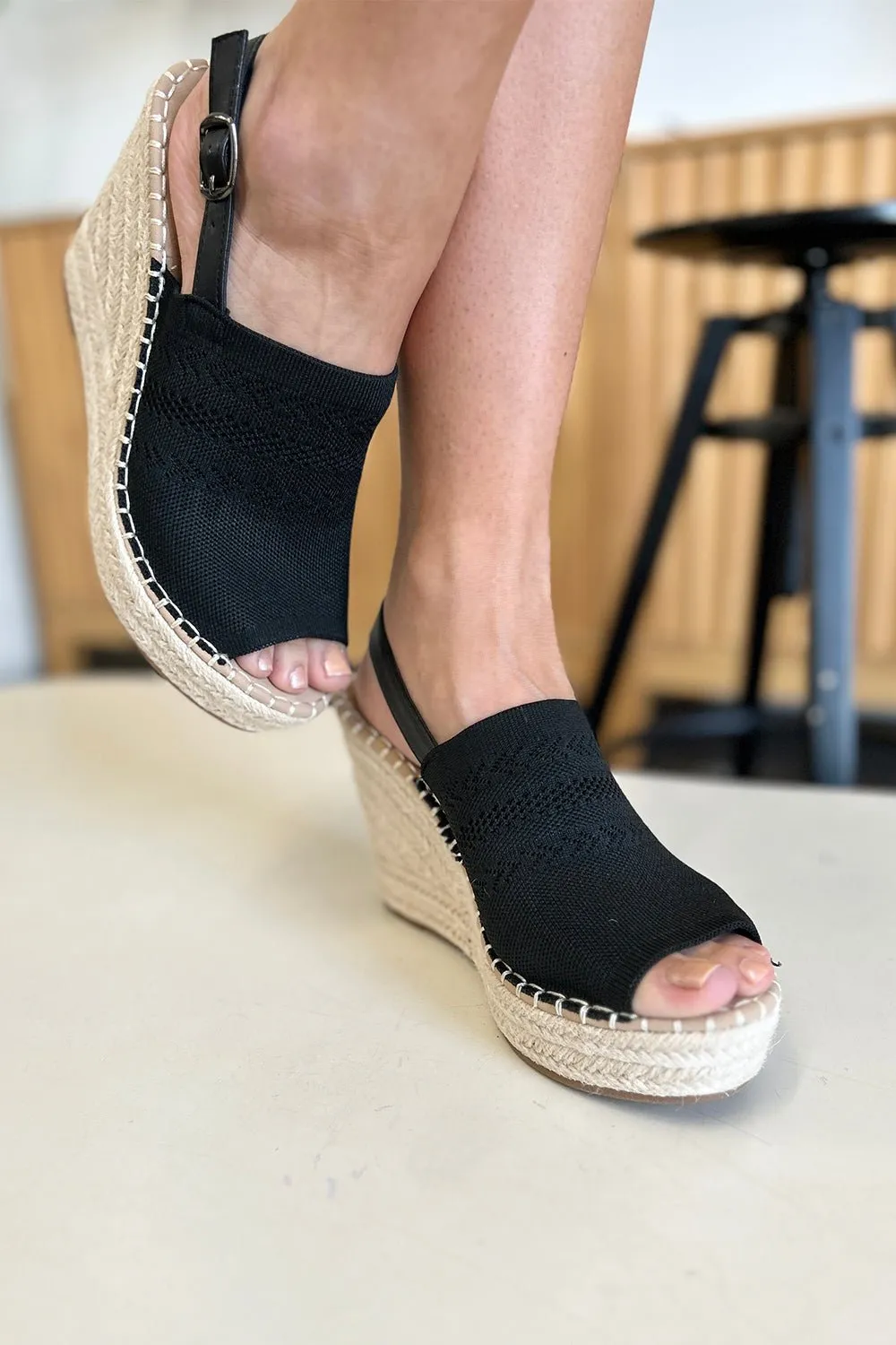 Peep Toe Espadrille Platform Wedge Sandals in Black