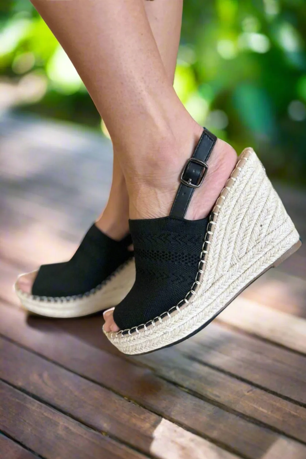 Peep Toe Espadrille Platform Wedge Sandals in Black