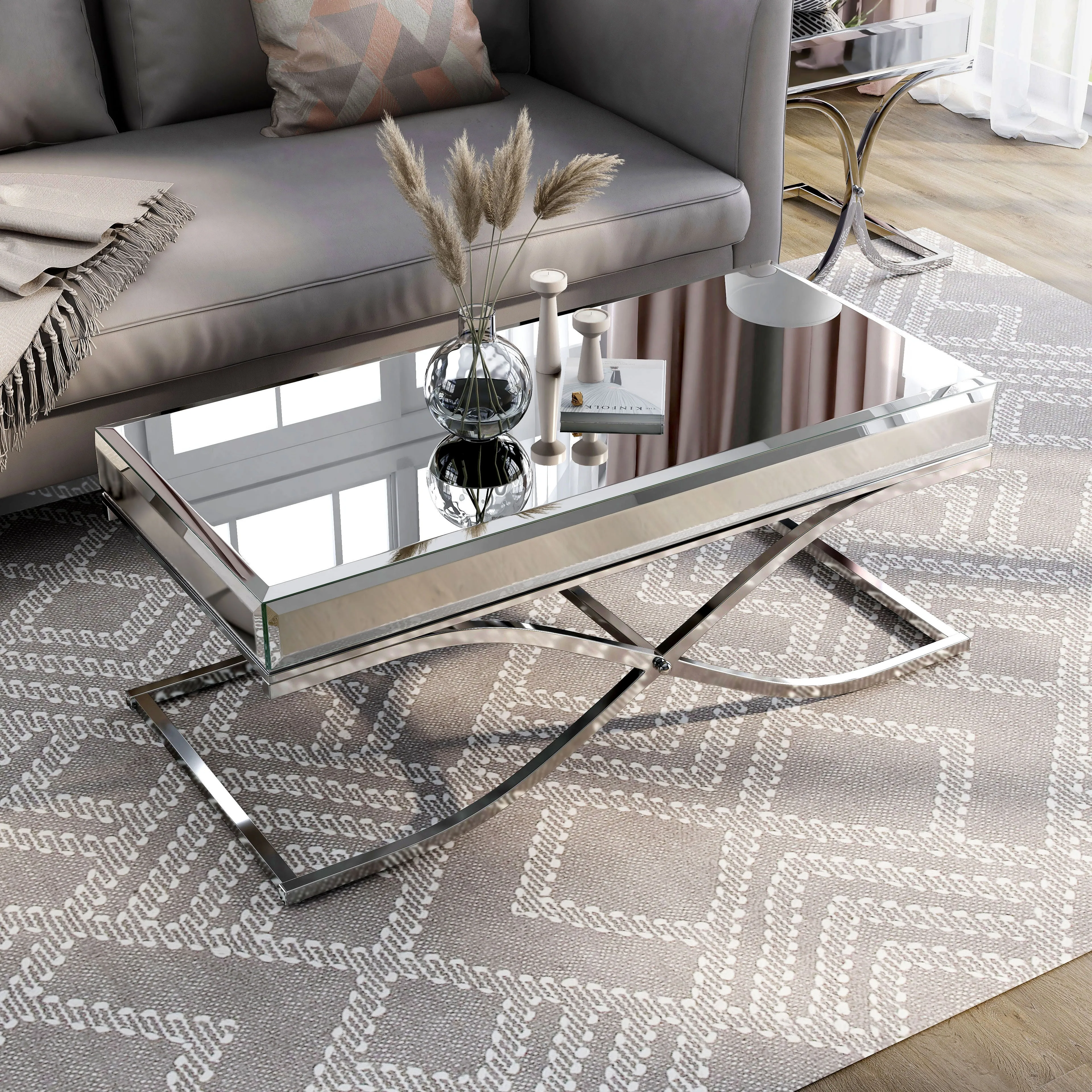 Pellias Glam Chrome and Mirrored 2-Piece Coffee Table Set