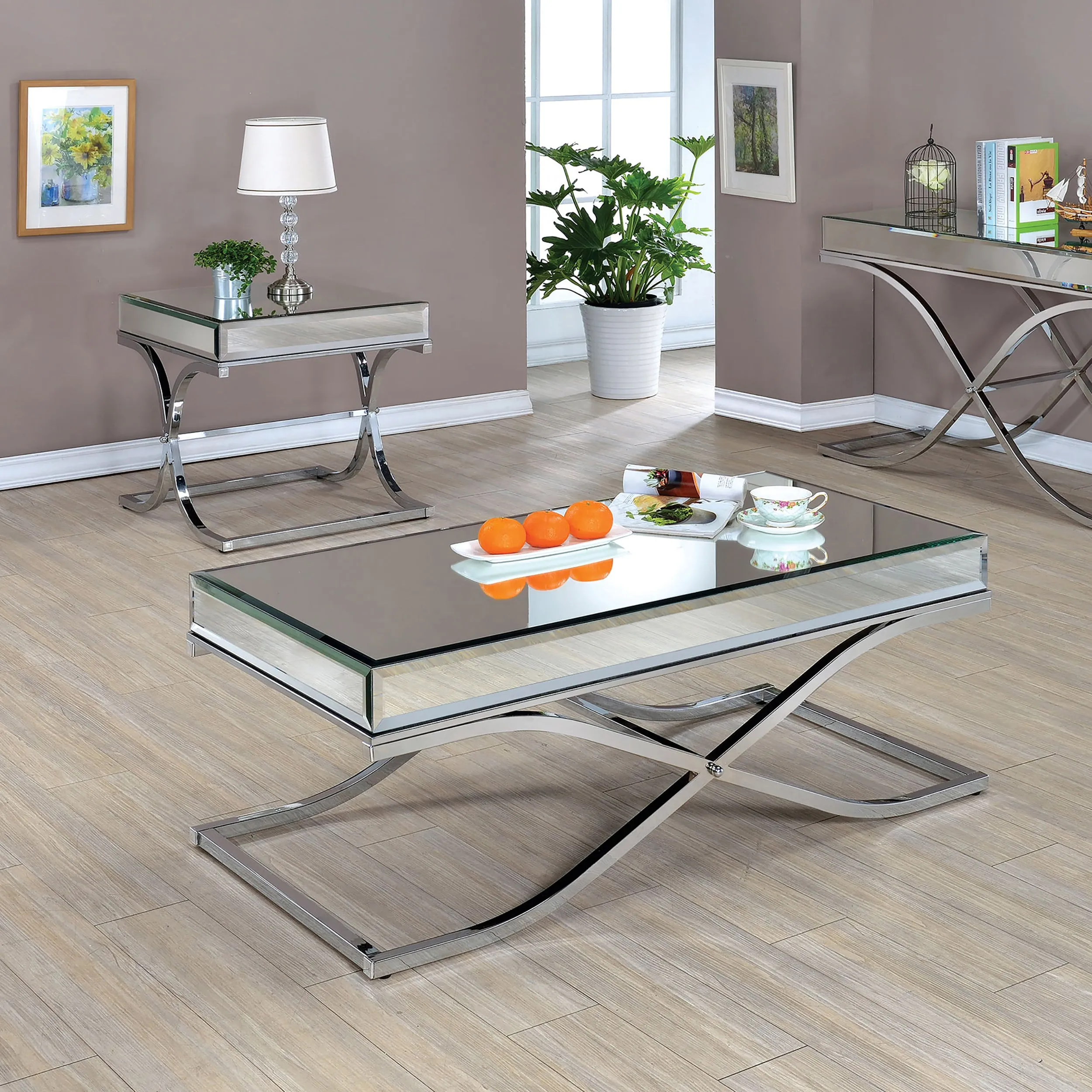 Pellias Glam Chrome and Mirrored 2-Piece Coffee Table Set