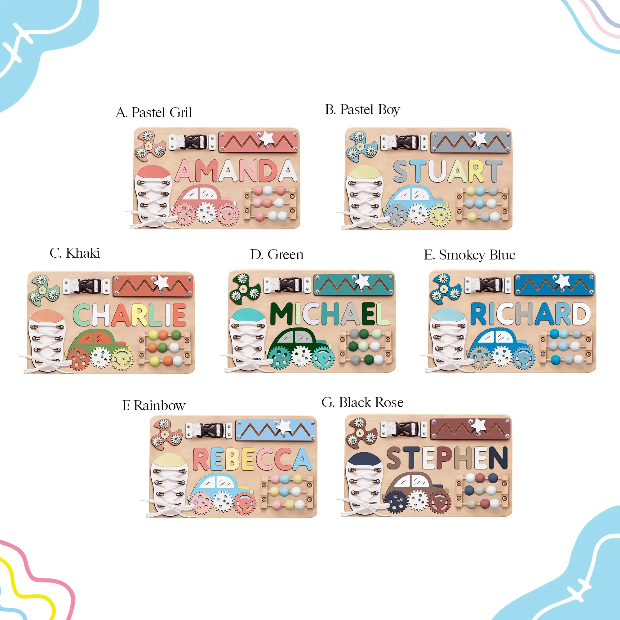 Personalized Busy Board - Wooden Montessori Toys | KindlyToys, BB29
