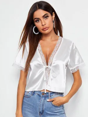 Plunging Neck Tie Front Lace Trim Satin Top