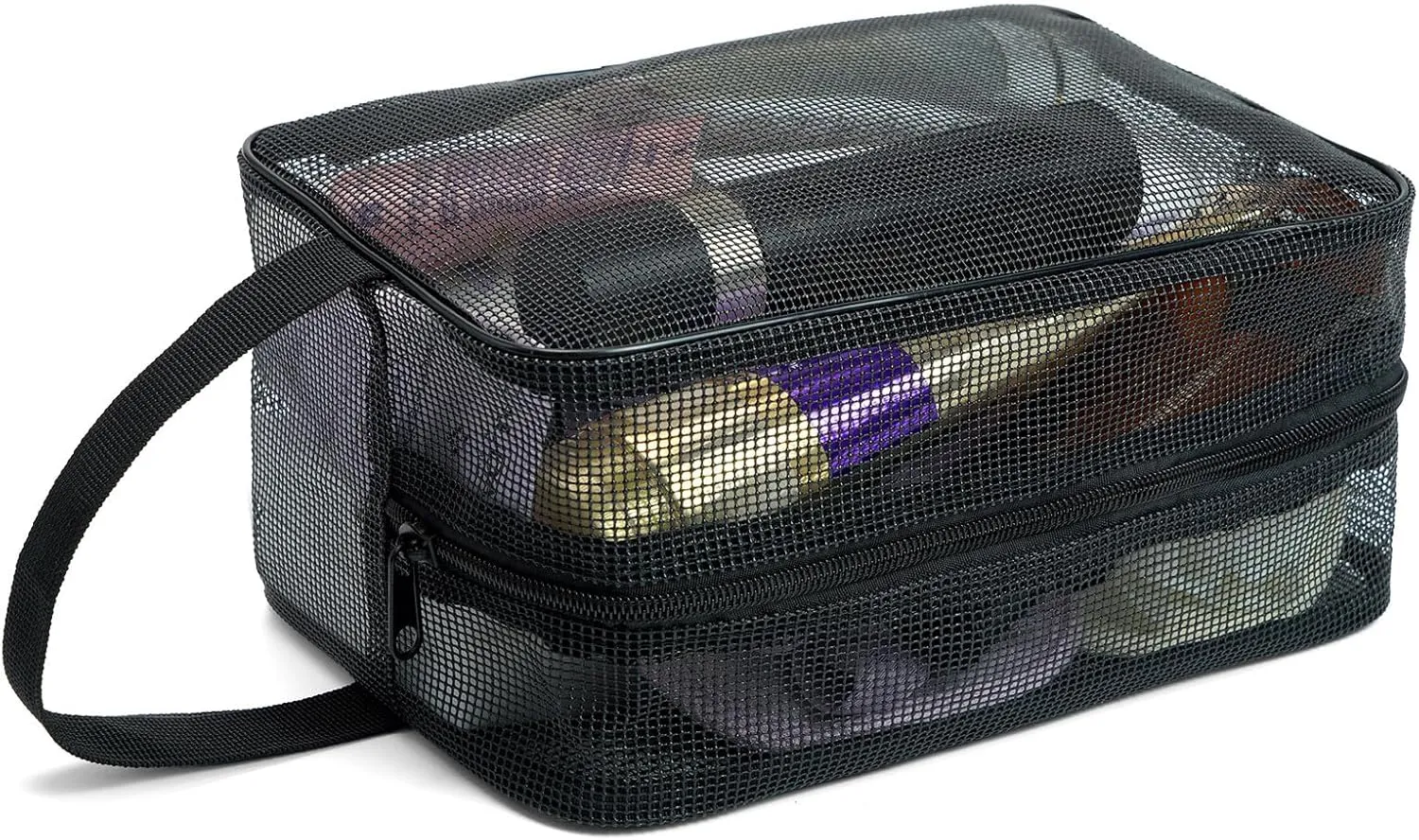 Portable Mesh Shower Caddy Bag, Shower Toiletry Organizer Tote Mesh Bag, Hanging Toiletry Bath Organizer for Gym Travel Camping College Dorm Room Bathroom, Black