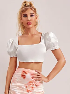 Puff Sleeve Shirred Back Satin Crop Top