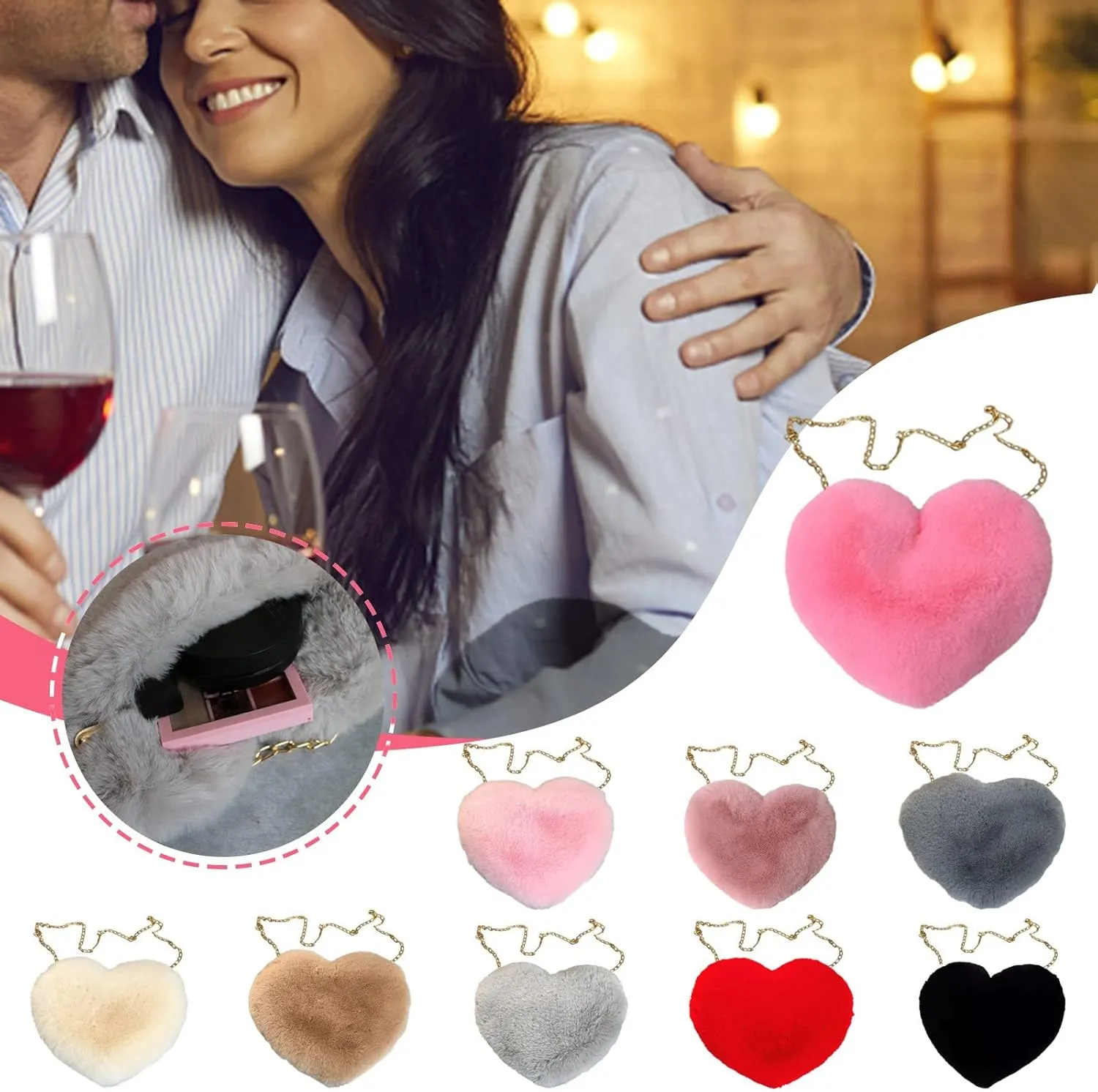Puffer Tote Bag Naughty Furry Mini Heart Handbags Small Mini Metal Chain Cross-Body Bag Winter Feather Bags