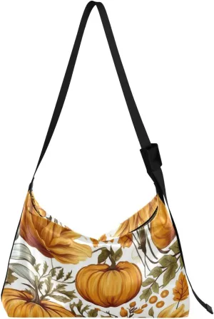 Pumpkins Blue Flowers Autumn Tote Bag for Women Large Hobo Bags Leather Crossbody Bags Casual Tote with Adjustable Strap for School Girl