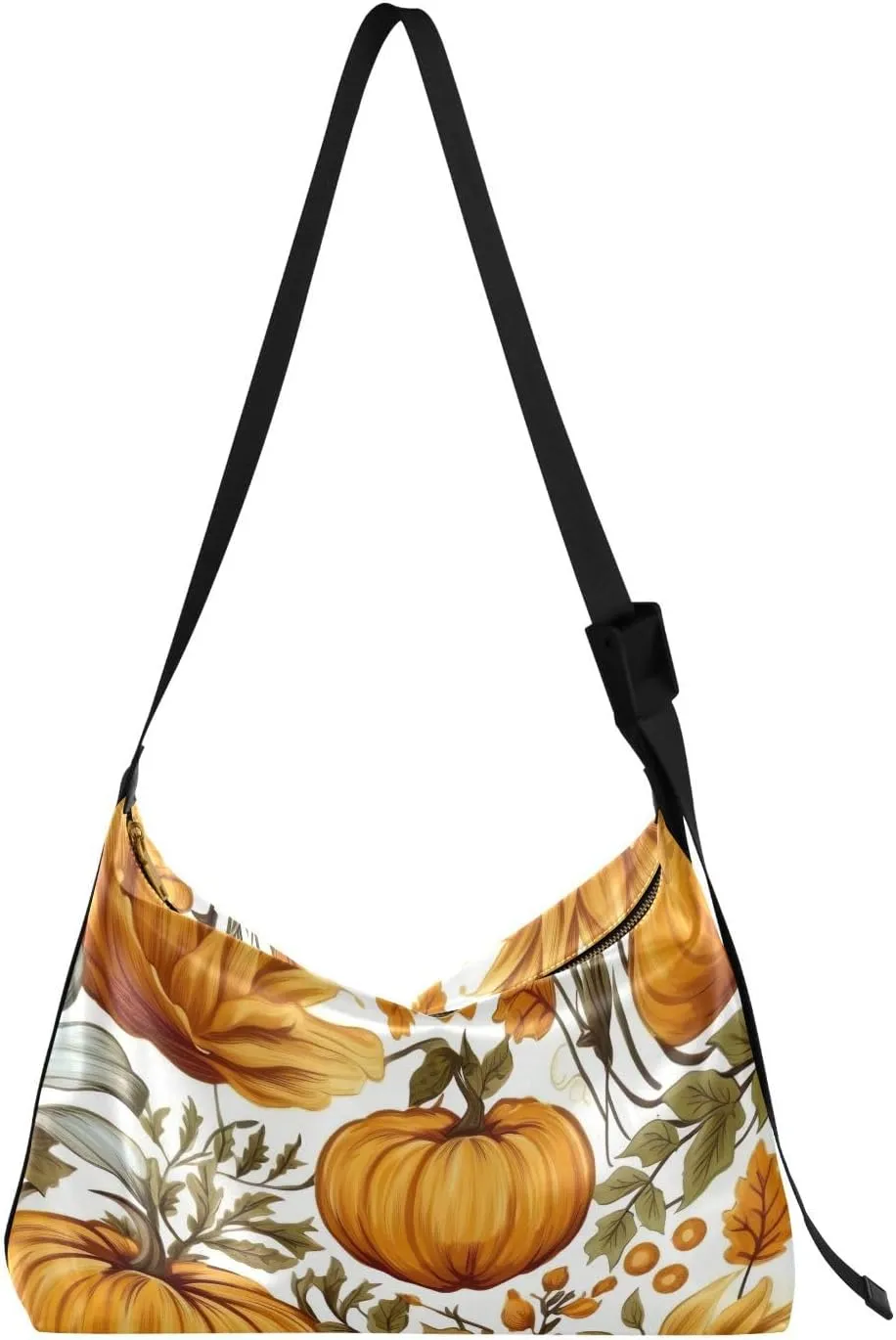 Pumpkins Blue Flowers Autumn Tote Bag for Women Large Hobo Bags Leather Crossbody Bags Casual Tote with Adjustable Strap for School Girl