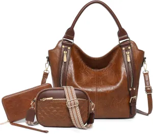 Purses for Women 3PCS, Large PU Leather Handbag Set Hobo Tote with Ladies Crossbody Shoulder Bag Wallet Guitar Strap