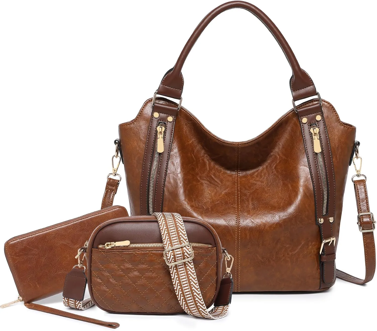Purses for Women 3PCS, Large PU Leather Handbag Set Hobo Tote with Ladies Crossbody Shoulder Bag Wallet Guitar Strap