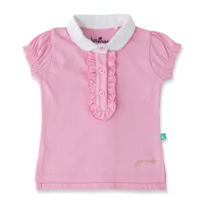 "Girls' Pink Solid Polo T-Shirt with Ruffled Button Placket , White Collar & Embroidered Logo"