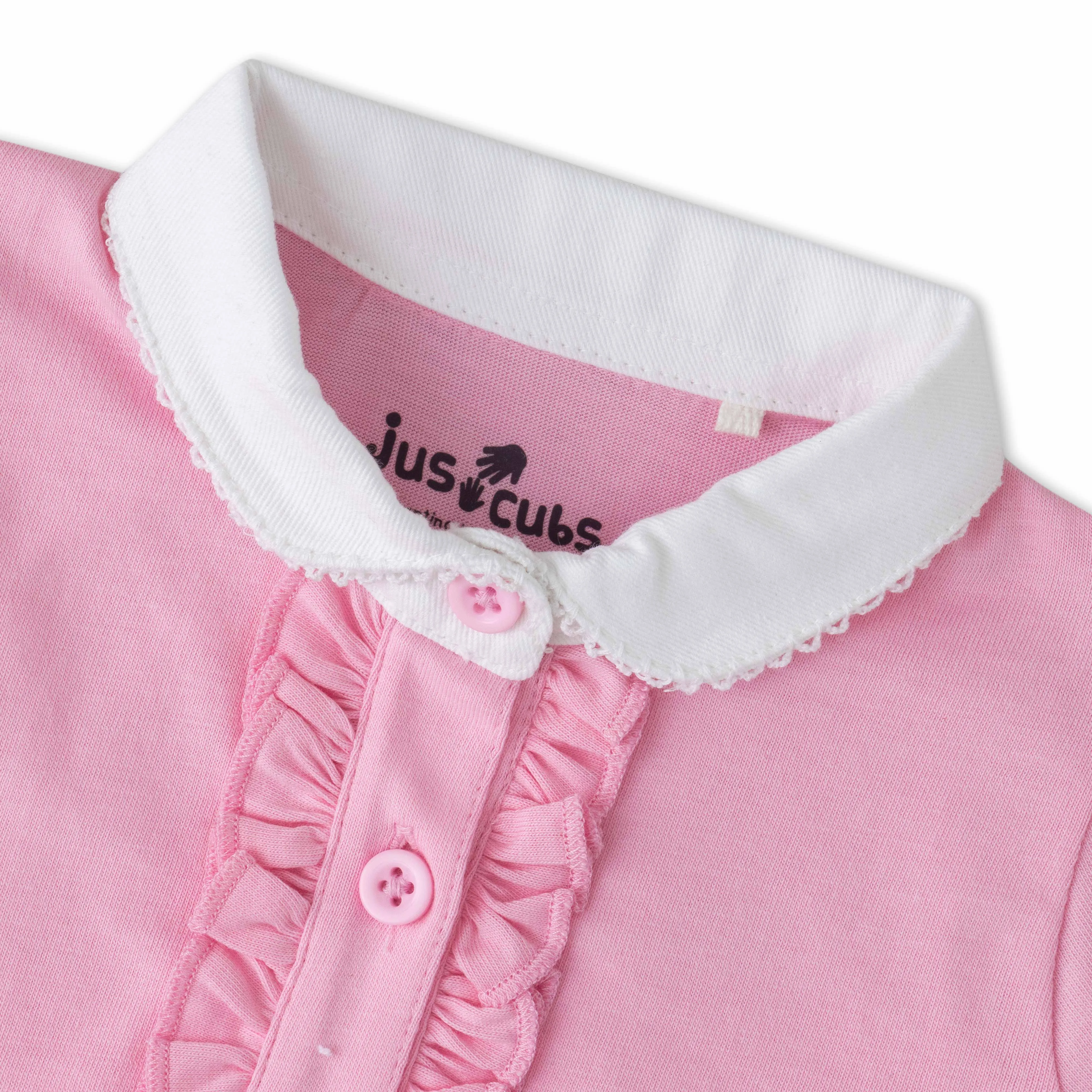 "Girls' Pink Solid Polo T-Shirt with Ruffled Button Placket , White Collar & Embroidered Logo"