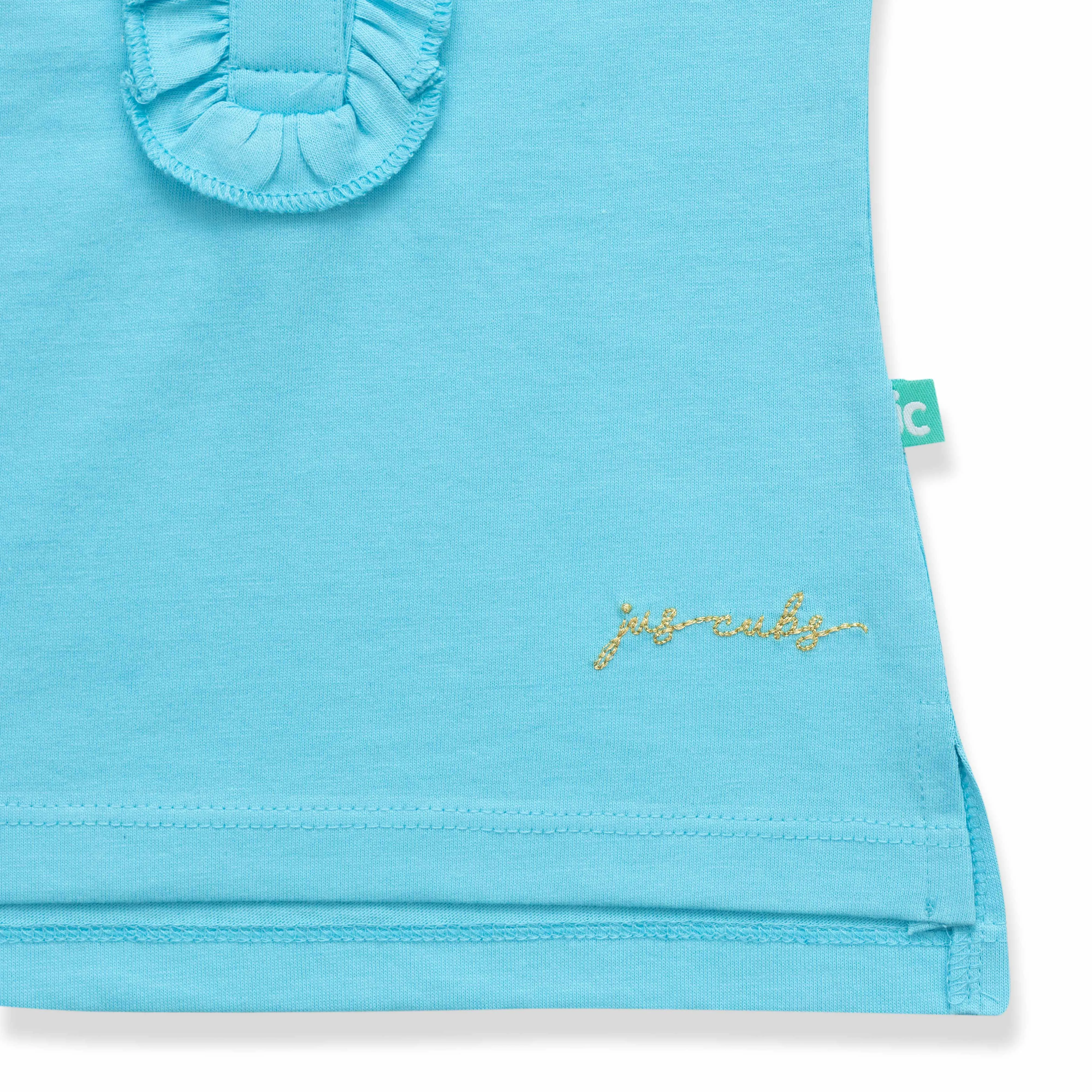 "Girls' Sky Blue Polo T-Shirt with Ruffled Button Placket & White Collar"