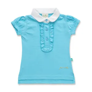 "Girls' Sky Blue Polo T-Shirt with Ruffled Button Placket & White Collar"