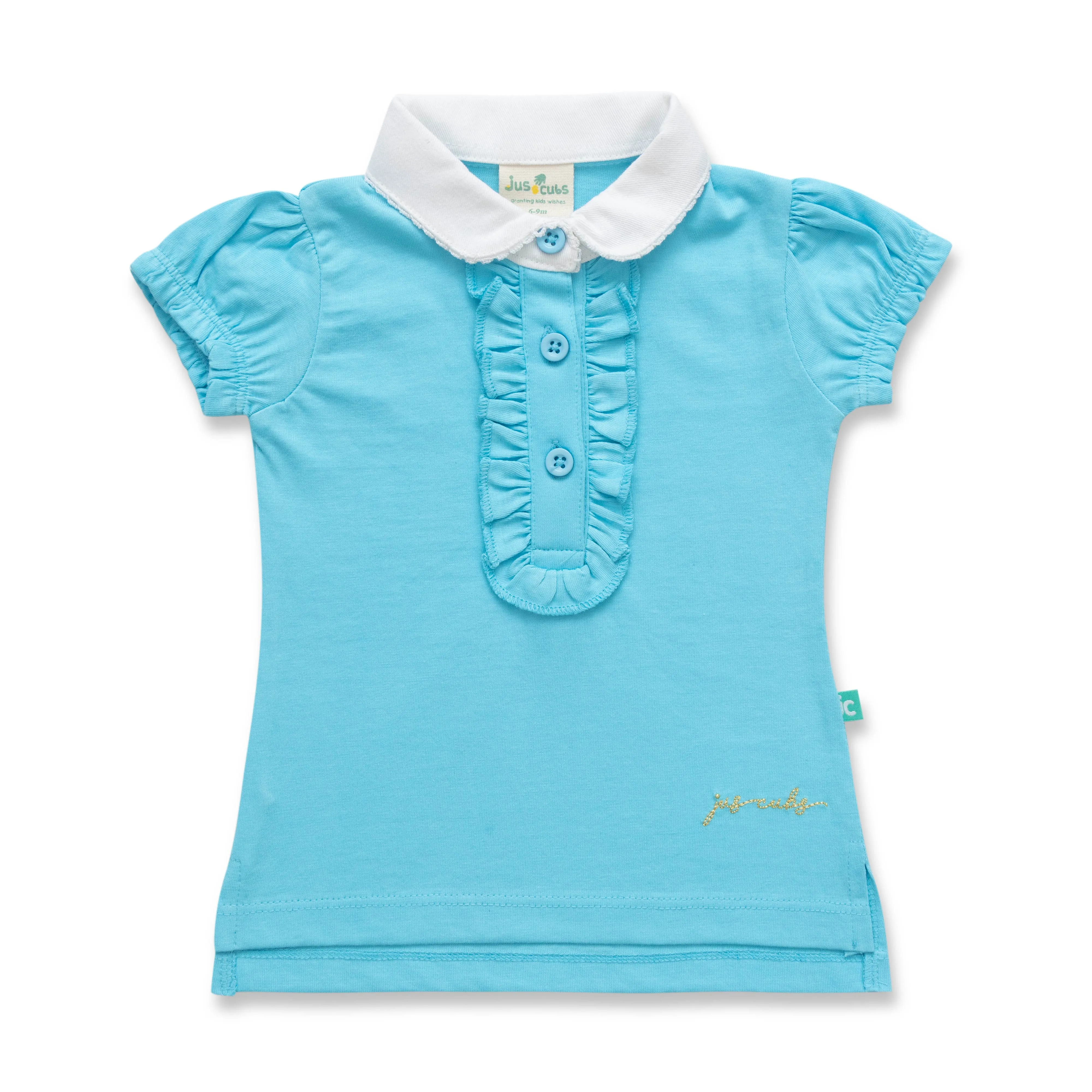 "Girls' Sky Blue Polo T-Shirt with Ruffled Button Placket & White Collar"