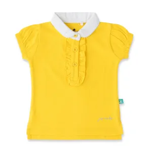 "Girls' Yellow Solid Polo T-Shirt with Ruffled Button Placket , White Collar & Embroidered Logo"