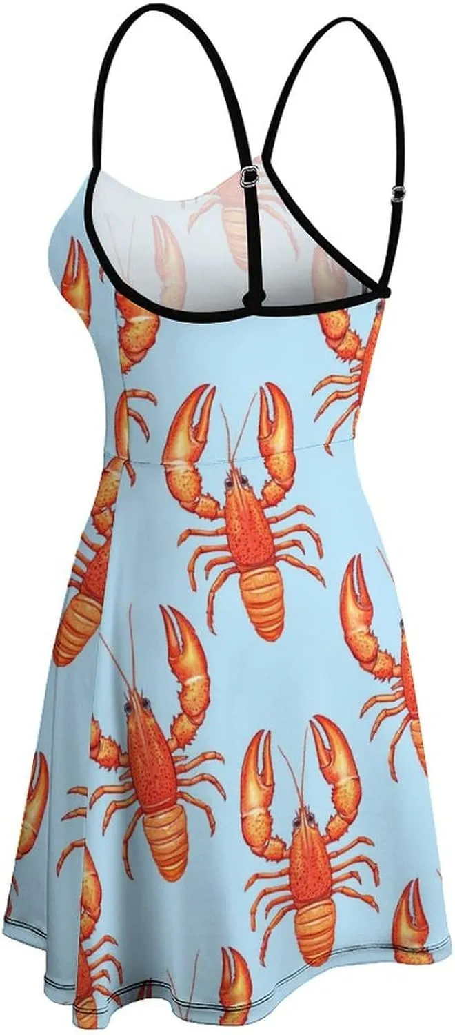 Red Lobster Print Mini Dresses for Women Summer Spaghetti Strap Dress Swing Sundress