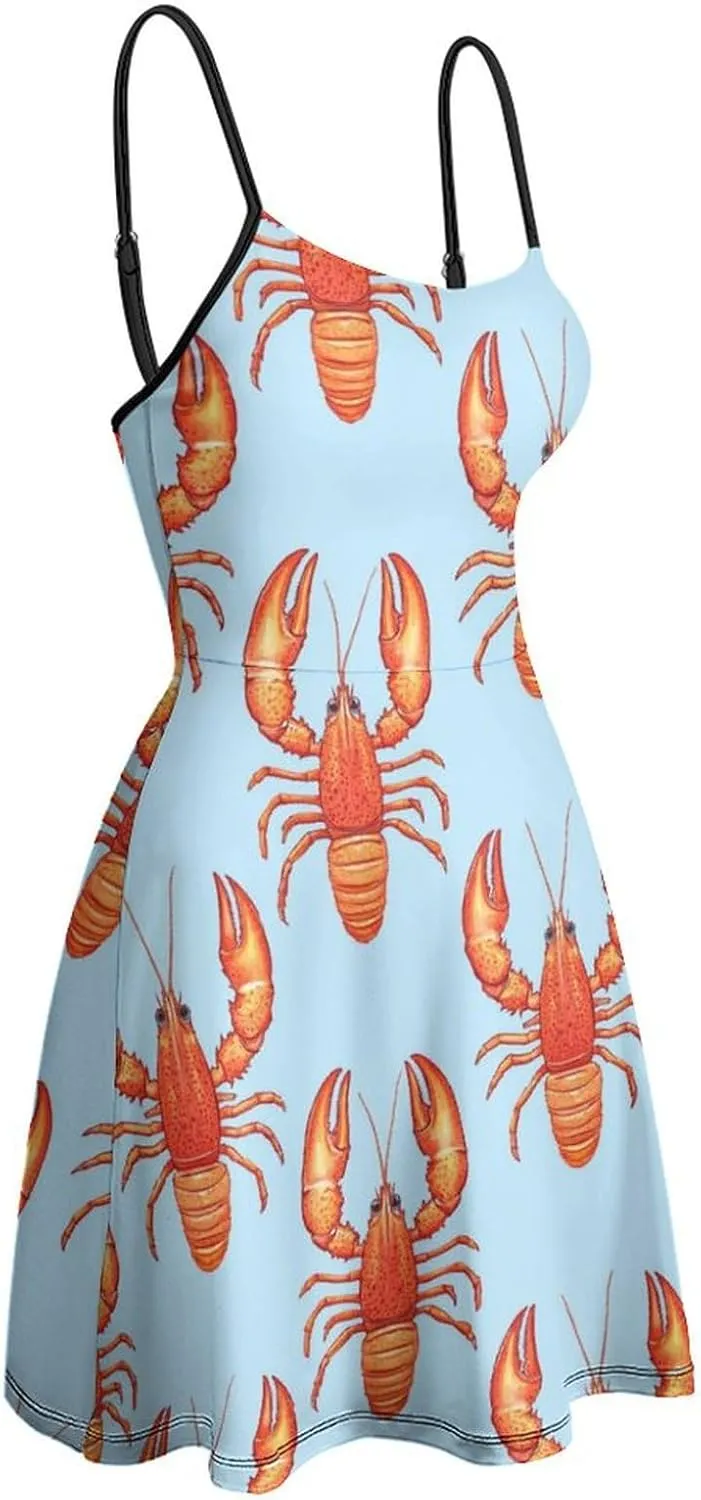 Red Lobster Print Mini Dresses for Women Summer Spaghetti Strap Dress Swing Sundress