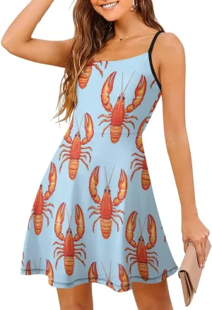 Red Lobster Print Mini Dresses for Women Summer Spaghetti Strap Dress Swing Sundress