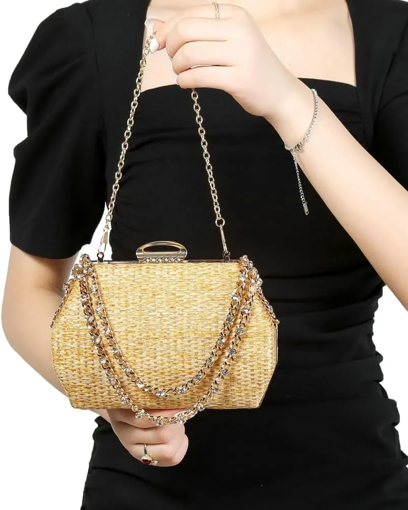 Retro Straw Woven Evening Bag Glitter Clutch Purses for Women Dress Prom Crossbody Handbag Shoulder Clutches