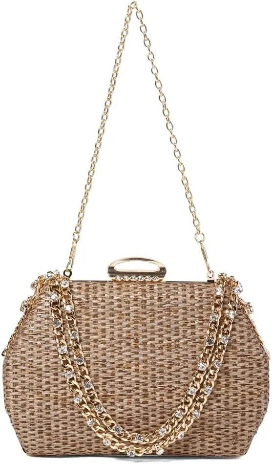 Retro Straw Woven Evening Bag Glitter Clutch Purses for Women Dress Prom Crossbody Handbag Shoulder Clutches