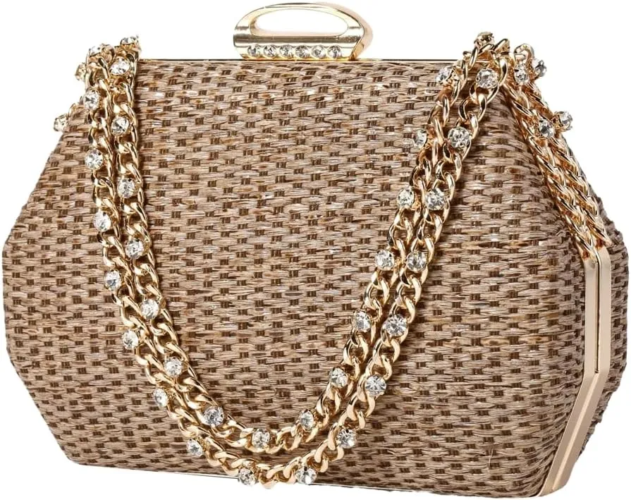 Retro Straw Woven Evening Bag Glitter Clutch Purses for Women Dress Prom Crossbody Handbag Shoulder Clutches