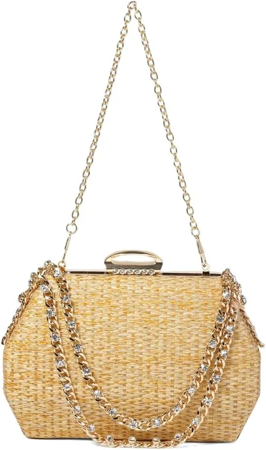 Retro Straw Woven Evening Bag Glitter Clutch Purses for Women Dress Prom Crossbody Handbag Shoulder Clutches