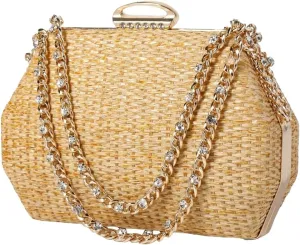 Retro Straw Woven Evening Bag Glitter Clutch Purses for Women Dress Prom Crossbody Handbag Shoulder Clutches