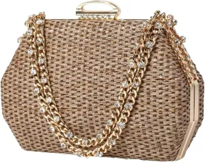 Retro Straw Woven Evening Bag Glitter Clutch Purses for Women Dress Prom Crossbody Handbag Shoulder Clutches
