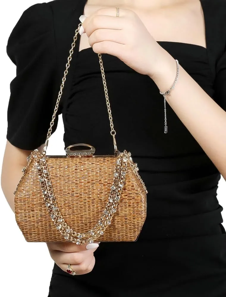 Retro Straw Woven Evening Bag Glitter Clutch Purses for Women Dress Prom Crossbody Handbag Shoulder Clutches