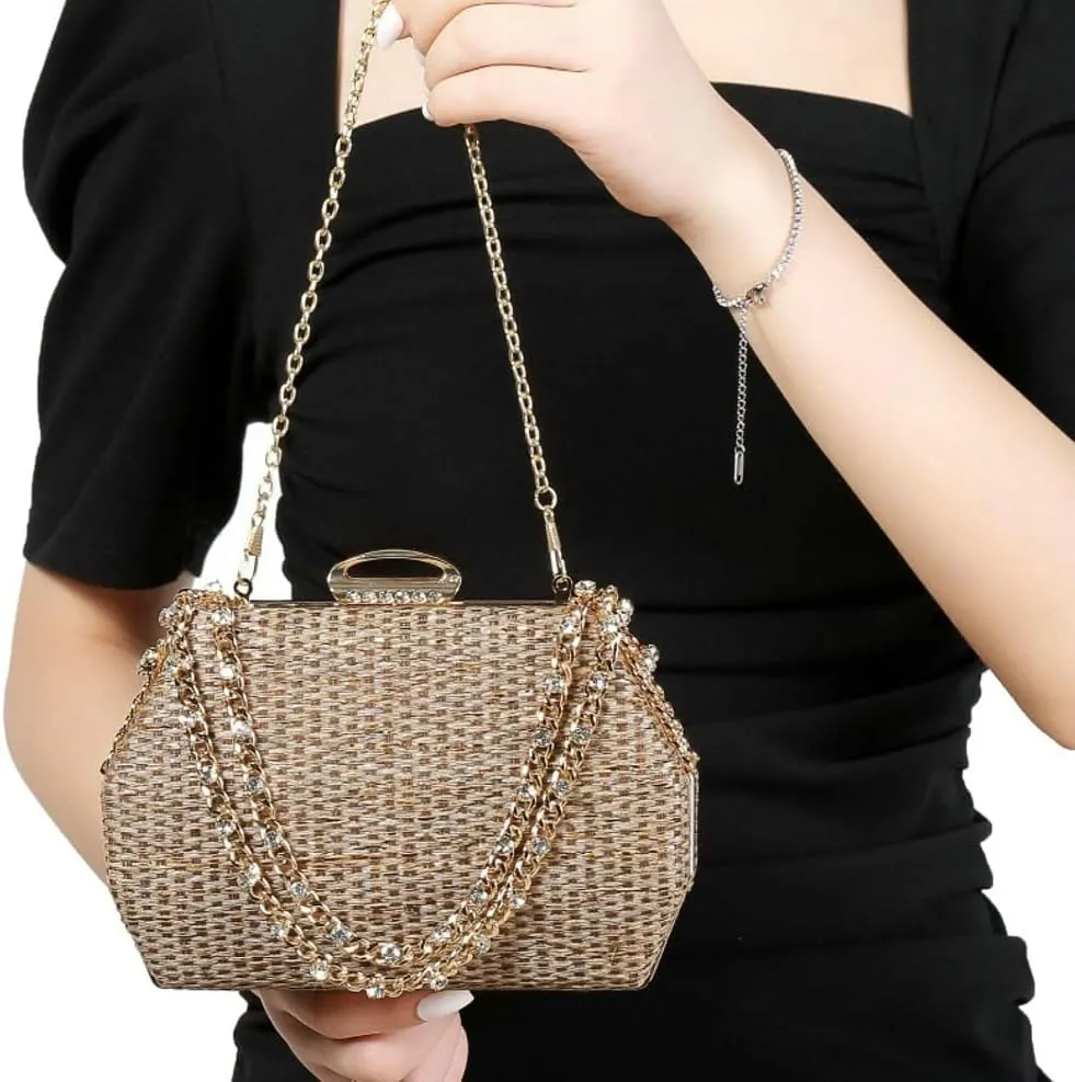 Retro Straw Woven Evening Bag Glitter Clutch Purses for Women Dress Prom Crossbody Handbag Shoulder Clutches